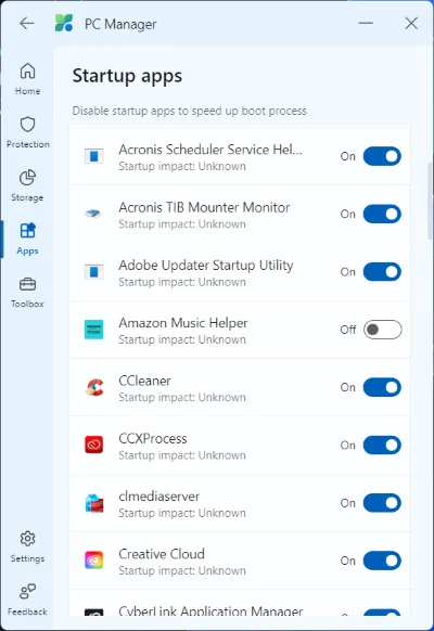 PC Manager showing startup apps