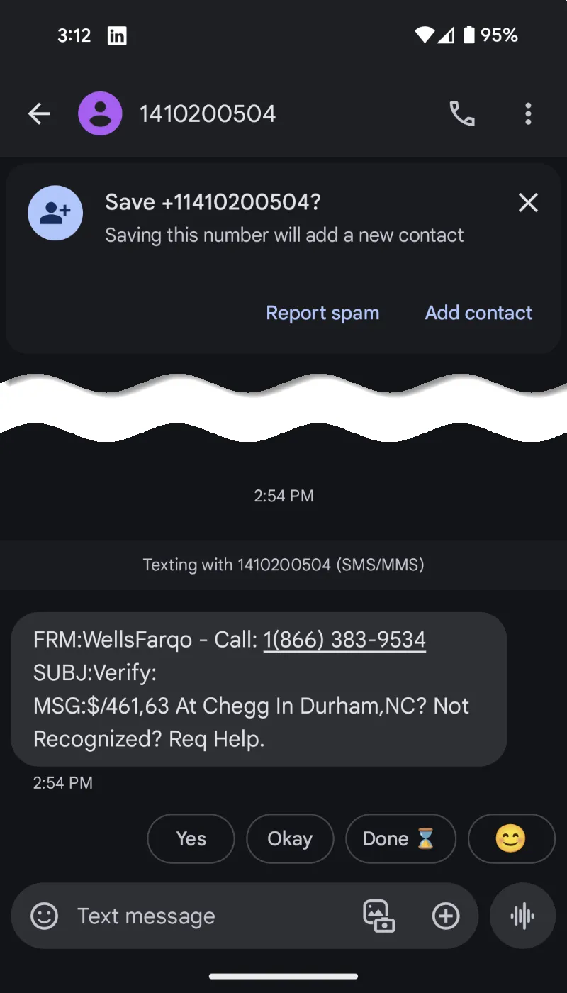 Bogus Wells SMS Message