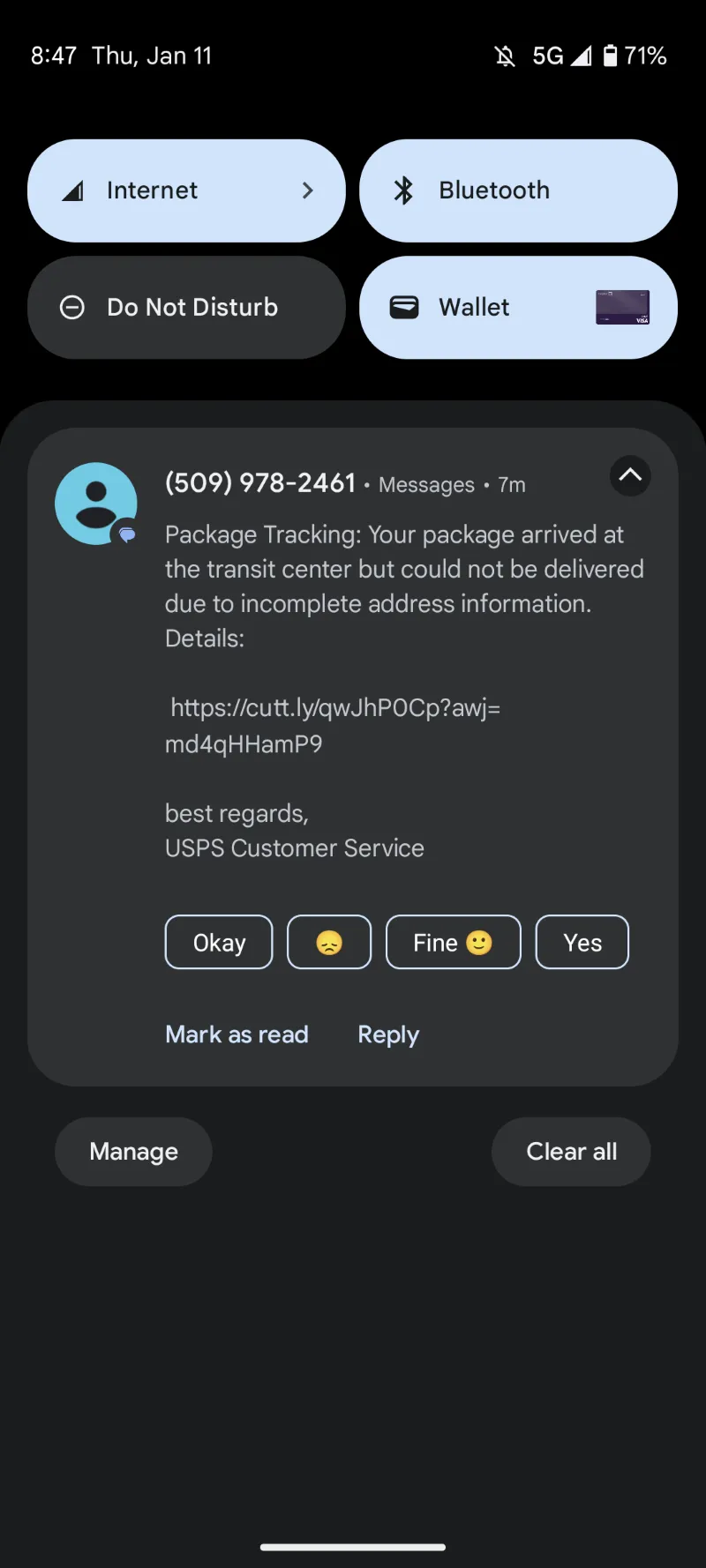 An image of a spam text supposedly from the USPS