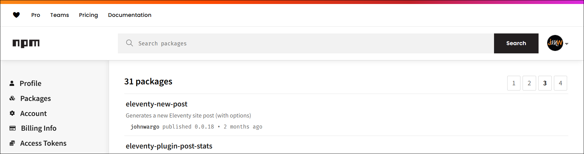 A screen shot of the top of my npm packages page