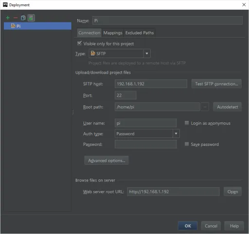 Configuring a Connection in WebStorm