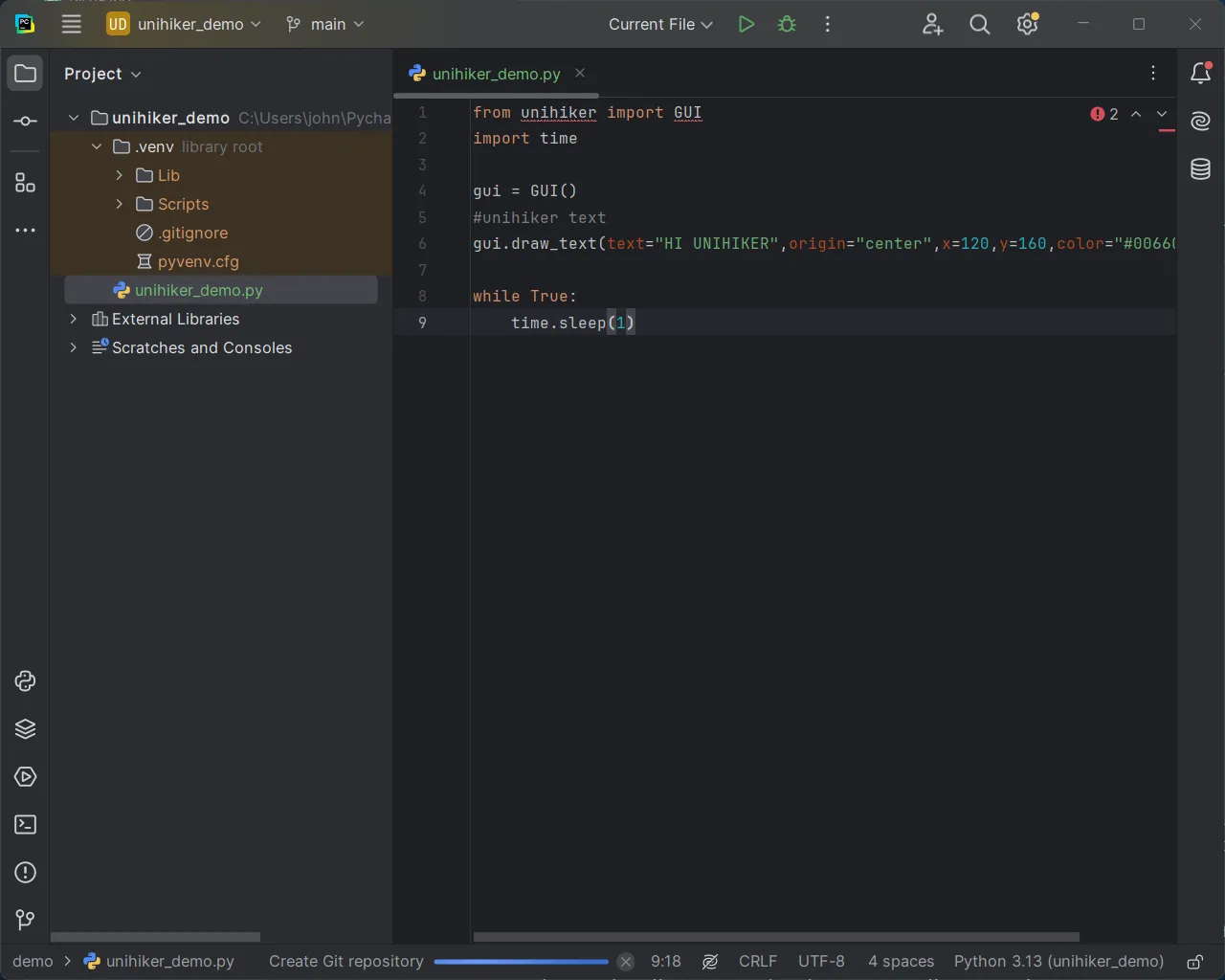 PyCharm IDE with a new project opened
