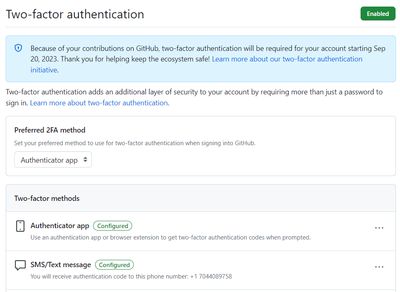A silly GitHub settings page warning to enable 2FA when I already have it enabled