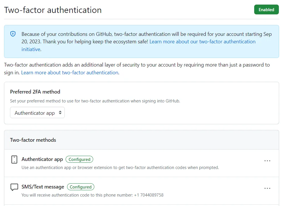 A silly GitHub settings page warning to enable 2FA when I already have it enabled