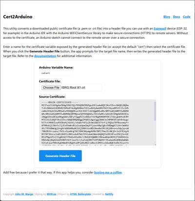 Cert2Arduino App main page