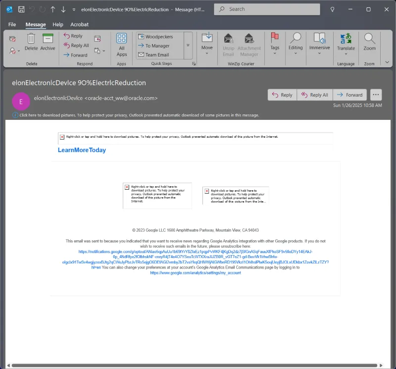 Phishing email that looks like it's from Oracle