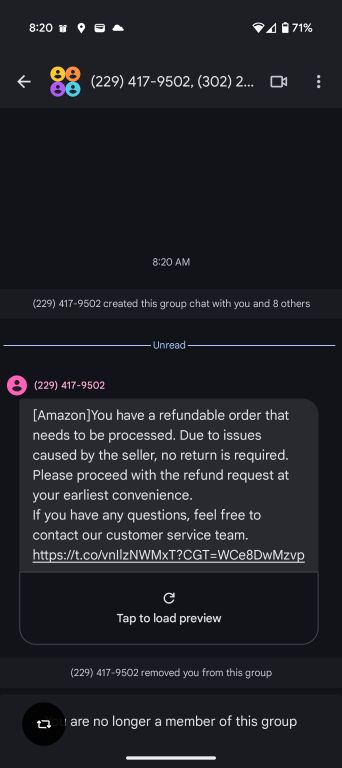 A screenshot of a scam message purportedly from Amazon