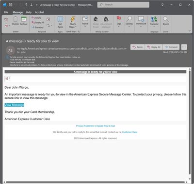 The contents of a phishing message supposedly from American Express