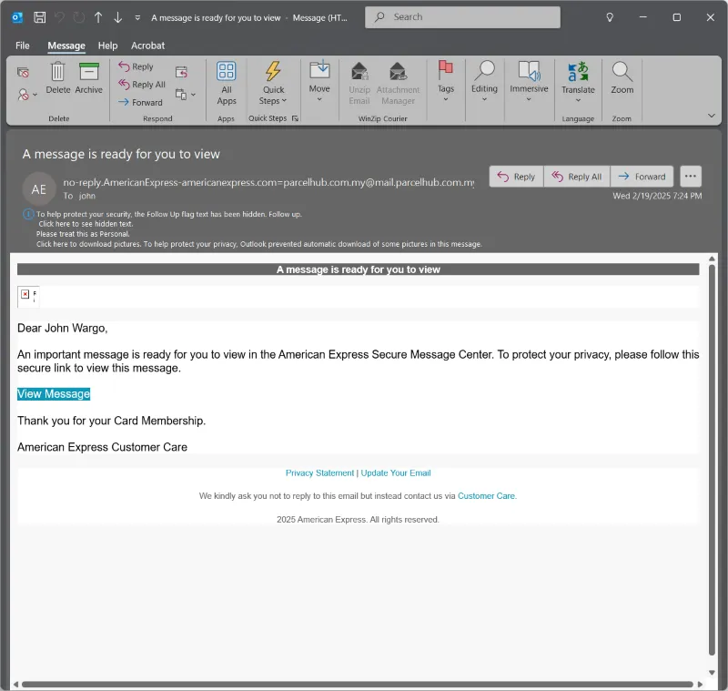 The contents of a phishing message supposedly from American Express