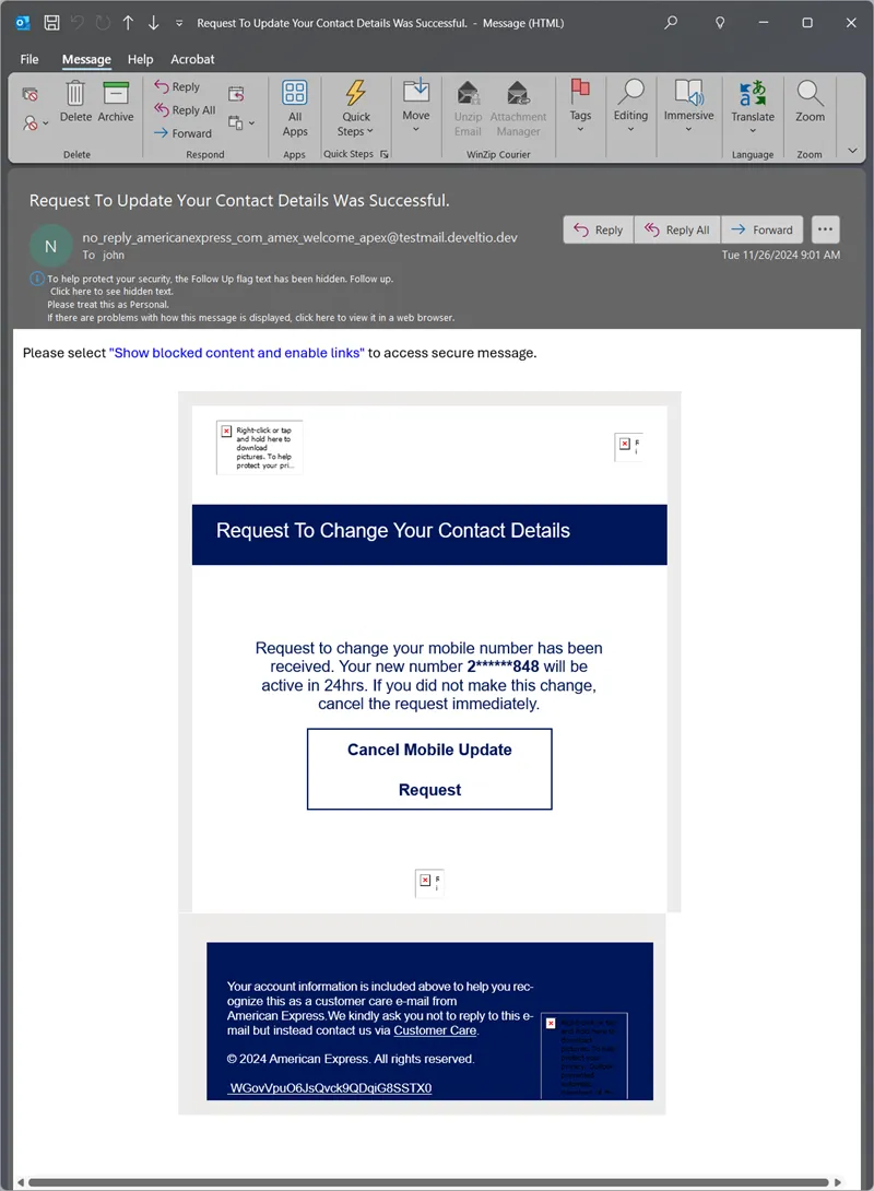 A scam email claiming to be an American Express contact details update