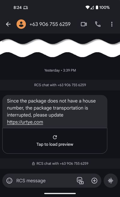 An image of a text message with a suspicions URL