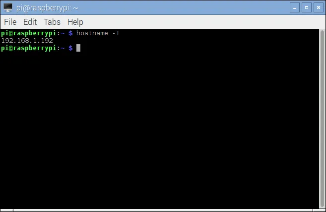 Using the hostname command to determine the Pi IP address