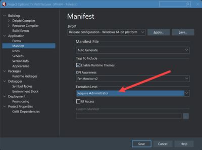 Delphi Project Settings Manifest Settings dialog