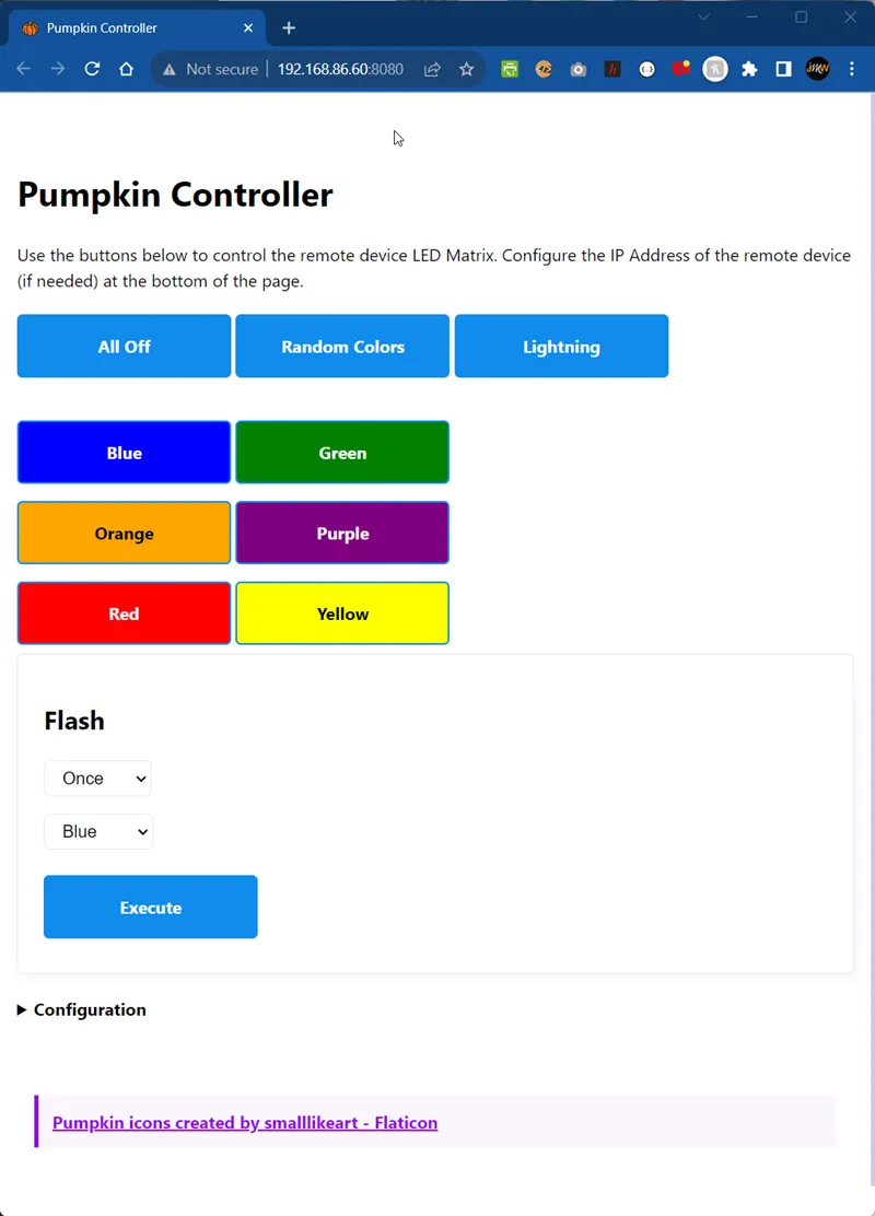 Pumpkin Controller web app running in a browser locally