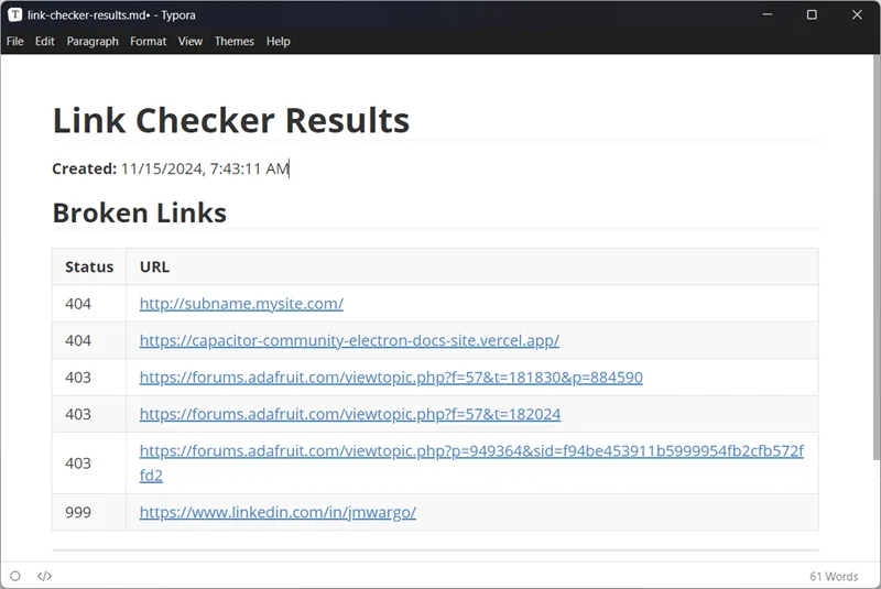 Link checker results in a markdown editor