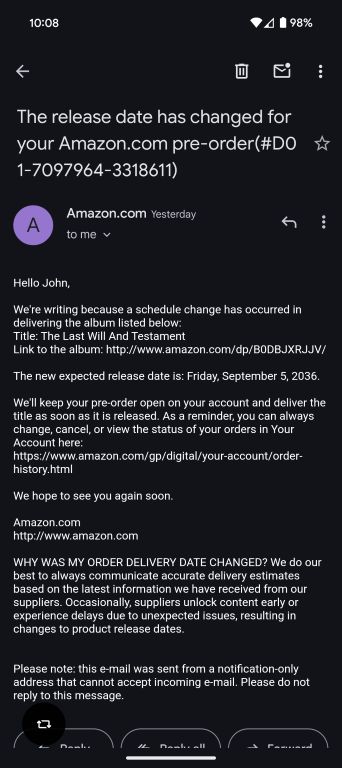 An email from Amazon indicating that an order I placed would be delivered in 2036