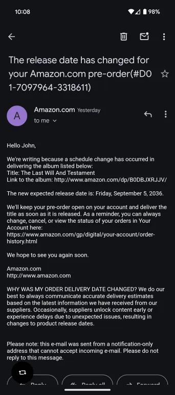 An email from Amazon indicating that an order I placed would be delivered in 2036