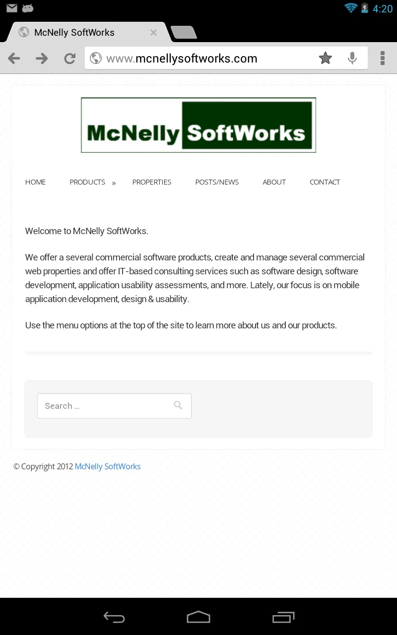 McNelly SoftWorks Products Menu on an Android Tablet