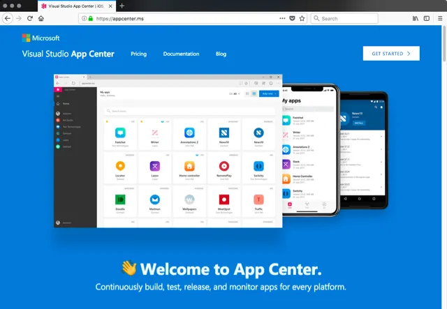 Visual Studio App Center Landing Page