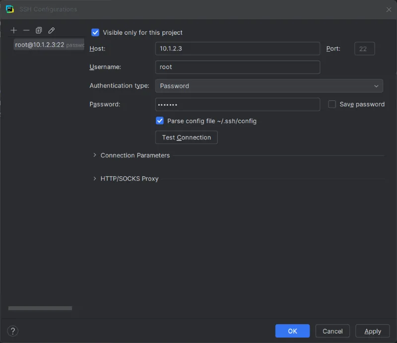 PyCharm SSH Configuration Settings