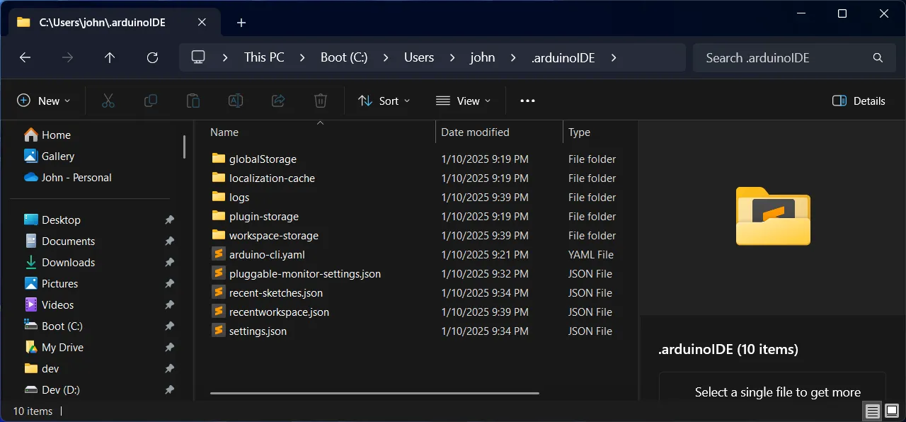 Windows File Explorer showing the arduinoIDE folder