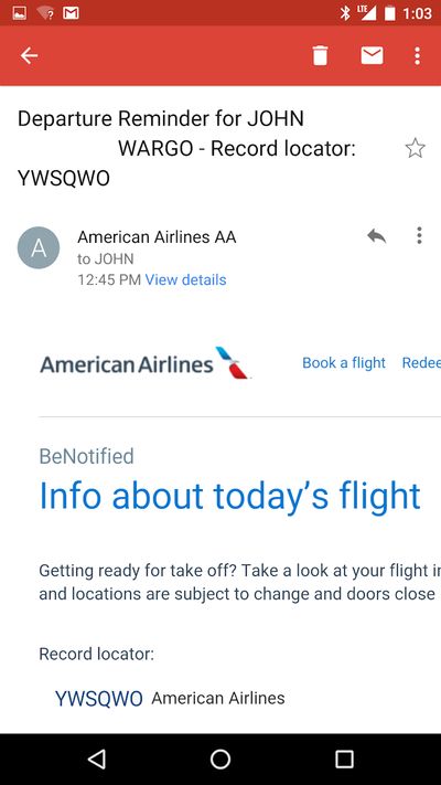 American Airlines Flight Notification
