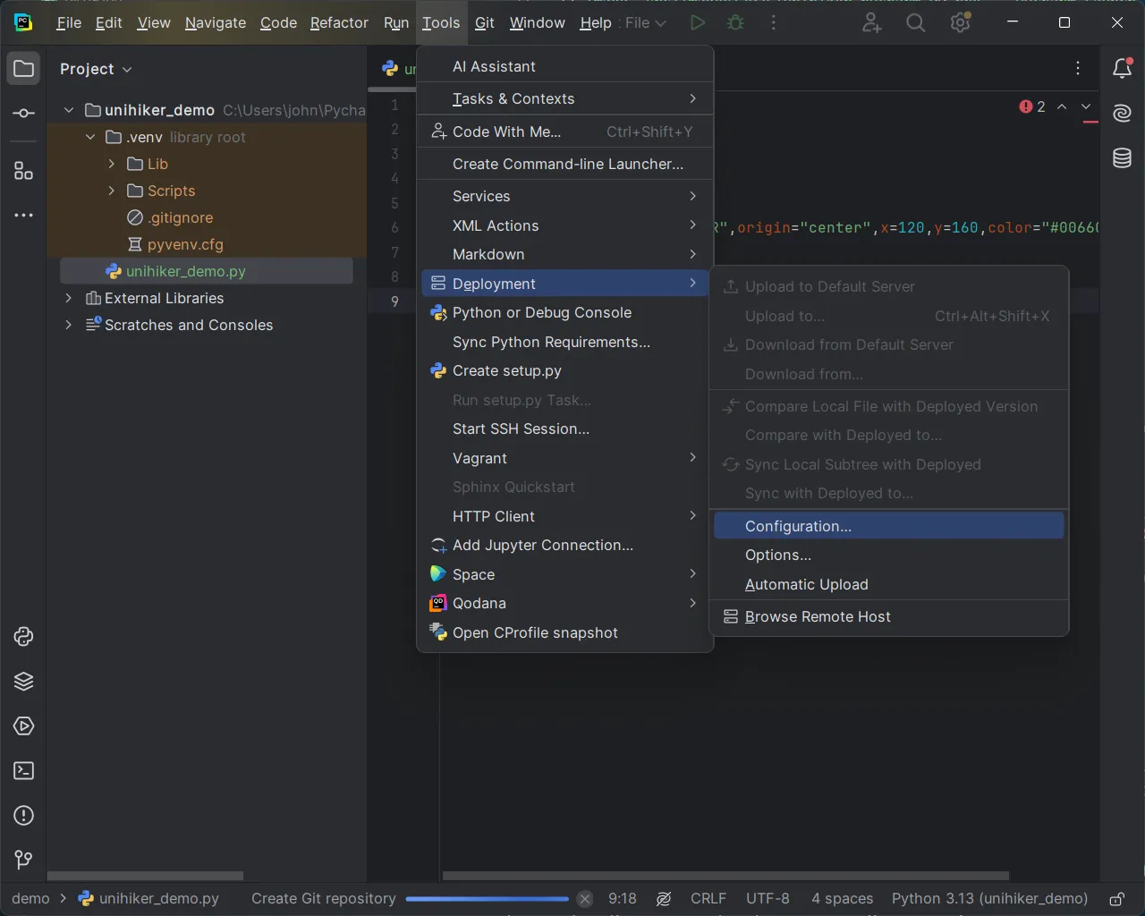 PyCharm Deployment menu
