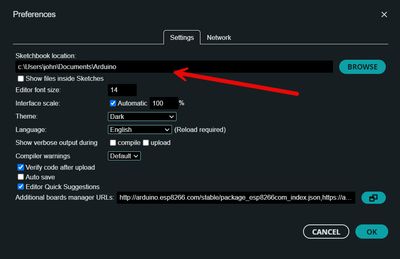Arduino IDE Preferences Dialog