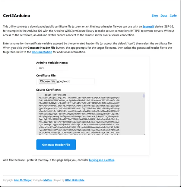 Cert2Arduino main page