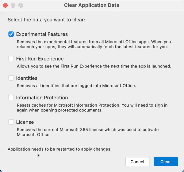 macOS Outlook Clear Application Data dialog
