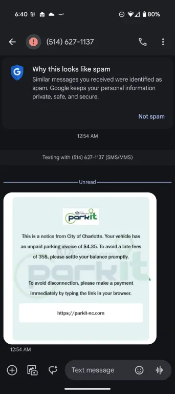 Parkit Scam Text Message