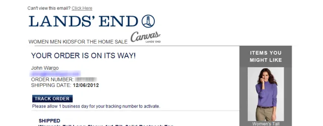 Lands' End Shipped Order Confirmation Email