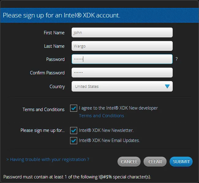 Intel XDK Registration Form