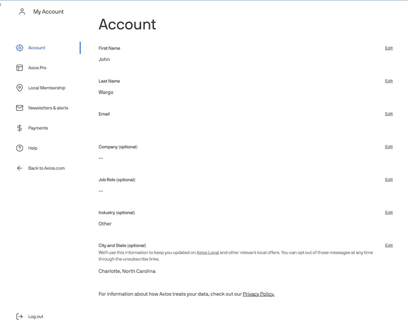 Axios Account Profile Edit