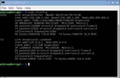 Using the ifconfig command to determine the PI IP address
