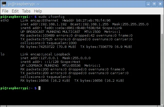 Using the ifconfig command to determine the PI IP address