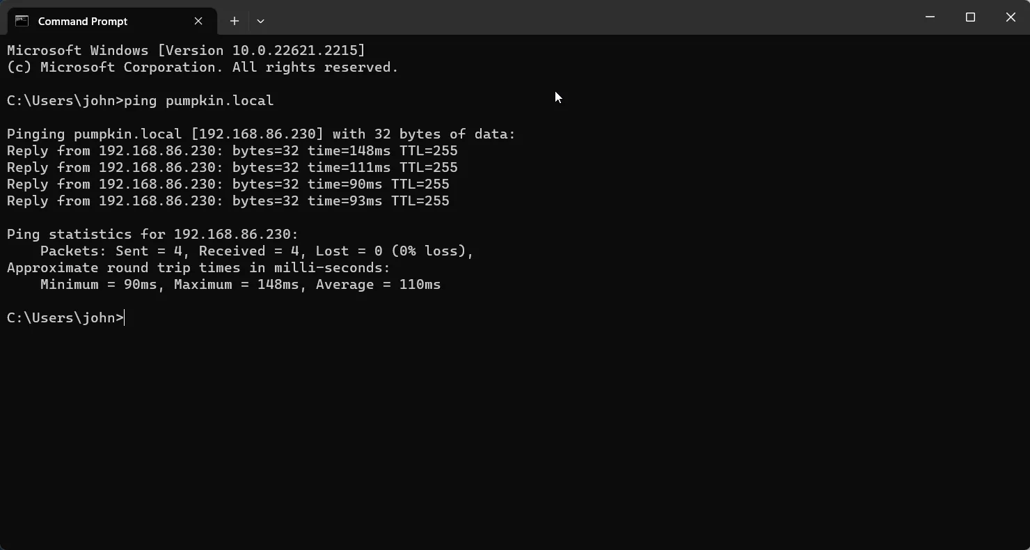 windows terminal showing the results of the ping command