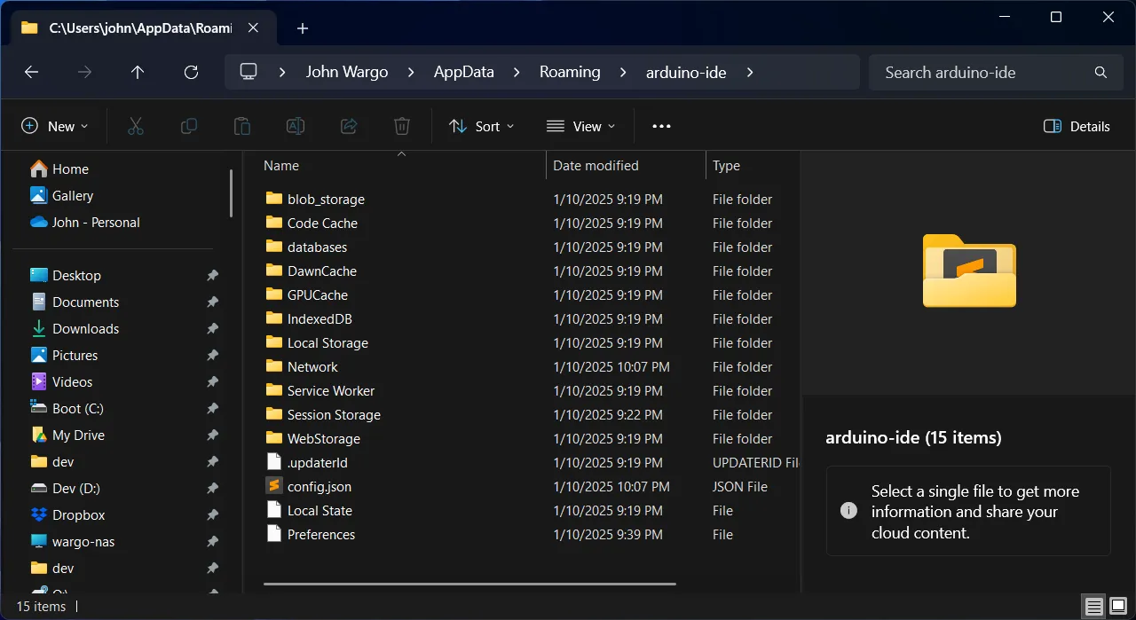 Windows File Explorer showing the arduino-ide folder contents