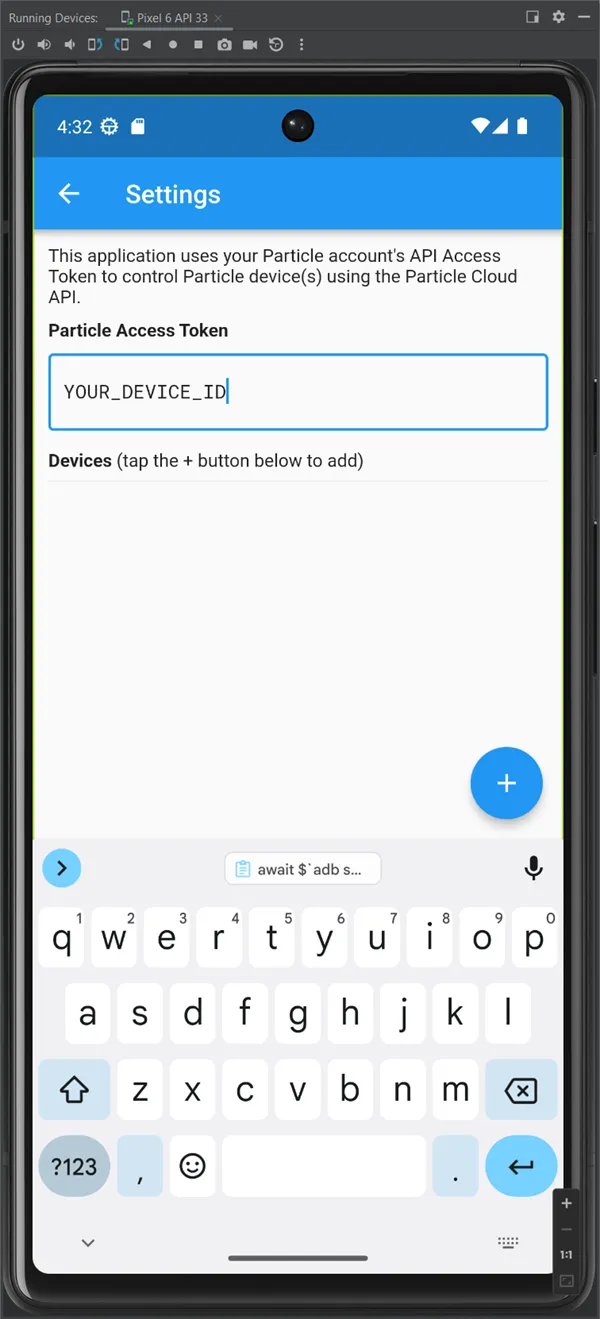 An image of an Android Application with an input field for Particle Access Token