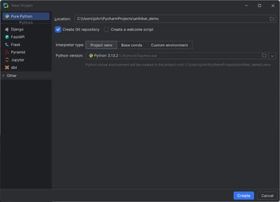 Pycharm New Project dialog