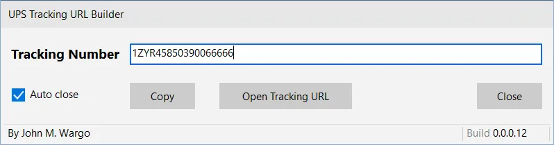 UPS Tracking URL Builder App window